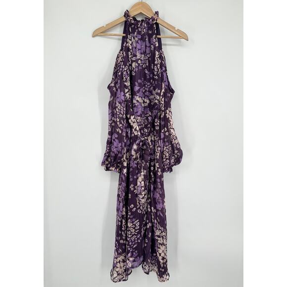 Lulu’s Storybook Sweetheart Cold Shoulder Midi Dress Floral Halter Ruffle Belted - Picture 6 of 13